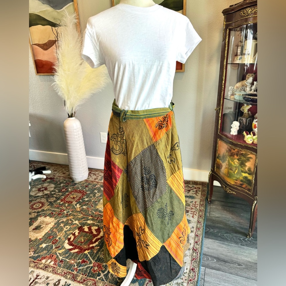 Artisan Nepal Patchwork Wrap Skirt - Orange Om Symbols
